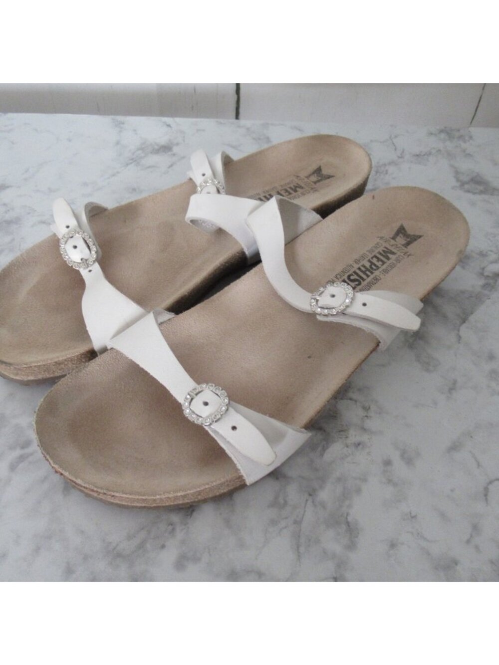 Mephisto Slides 39 9 Ideyla White Leather Rhinestone Buckle Slip On Comfort